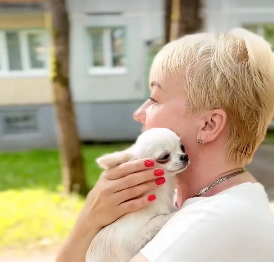 A woman holding a cream chihuahua puppy against her cheek